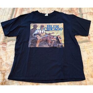 Vintage 90s Anvil Mens T-Shirt Black‎ John Carroll Doyle Blue Chicago Graphic XL